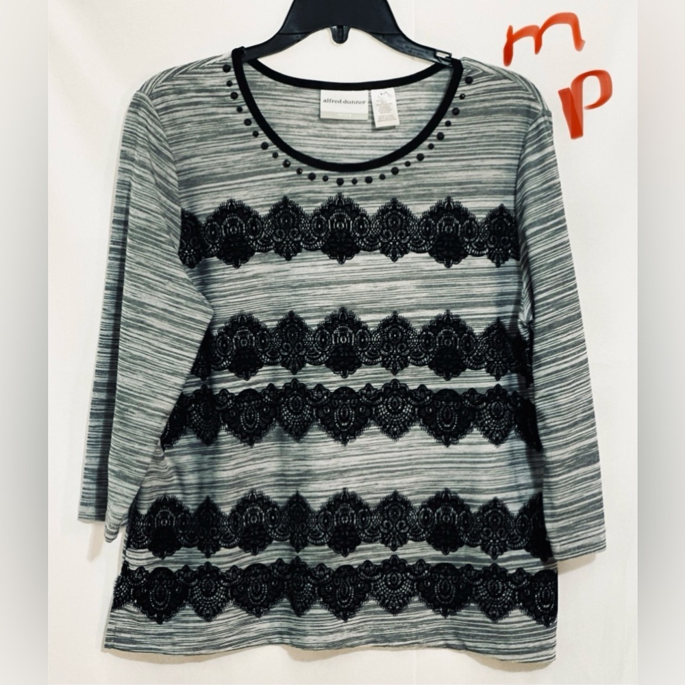 LADIES GREY TOP WITH BLACK BEADS & BLACK LACE